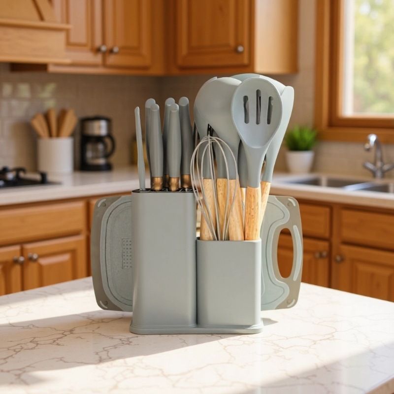 19 PCS Silicone Kitchen Utensils Set, Non-stick Cooking Tools with Anti-slip Wooden Handle, Heat Resistant Silicone Cookware Kit with Kitchen Knives, Cutting Board and Storage Bucket, Dishwasher Safe Kitchen Gadgets for Home Cooking