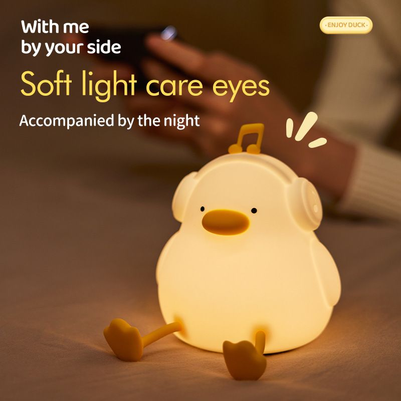 Happy Duck Music Duck Night Light Silicone Push-Pull Lamp Bed Head Toy Gift Bedroom USB Charging