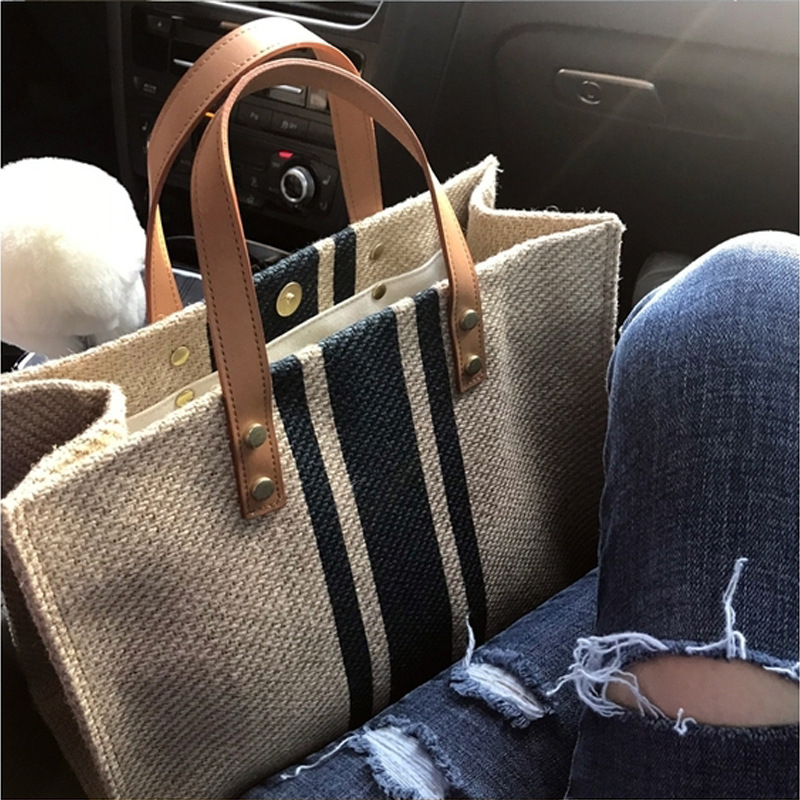 Women's Fashion Minimalist Striped Square Canvas Bag Large Capacity Handbag