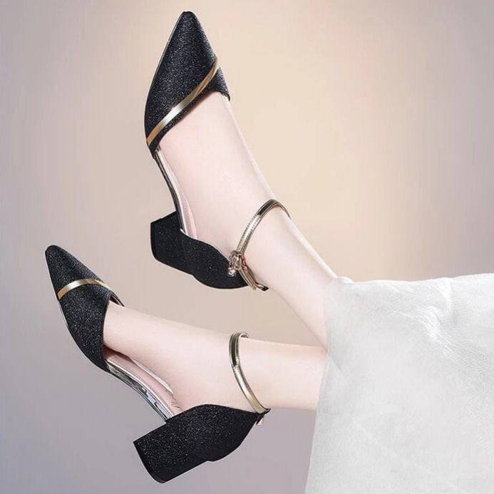 A18 Shiny Bling Bling Pu Solid Color Party Shoes Block High Heels Shoes Women Thin Heel Pumps ShoesBlack