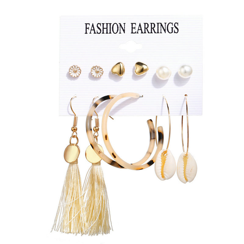 5513 6pcs Women's Earrings Set Tassel Pearl Acrylic Earrings For Women Bohemian Fashion Jewelry Geometric kolczyki Hoop Earings Set