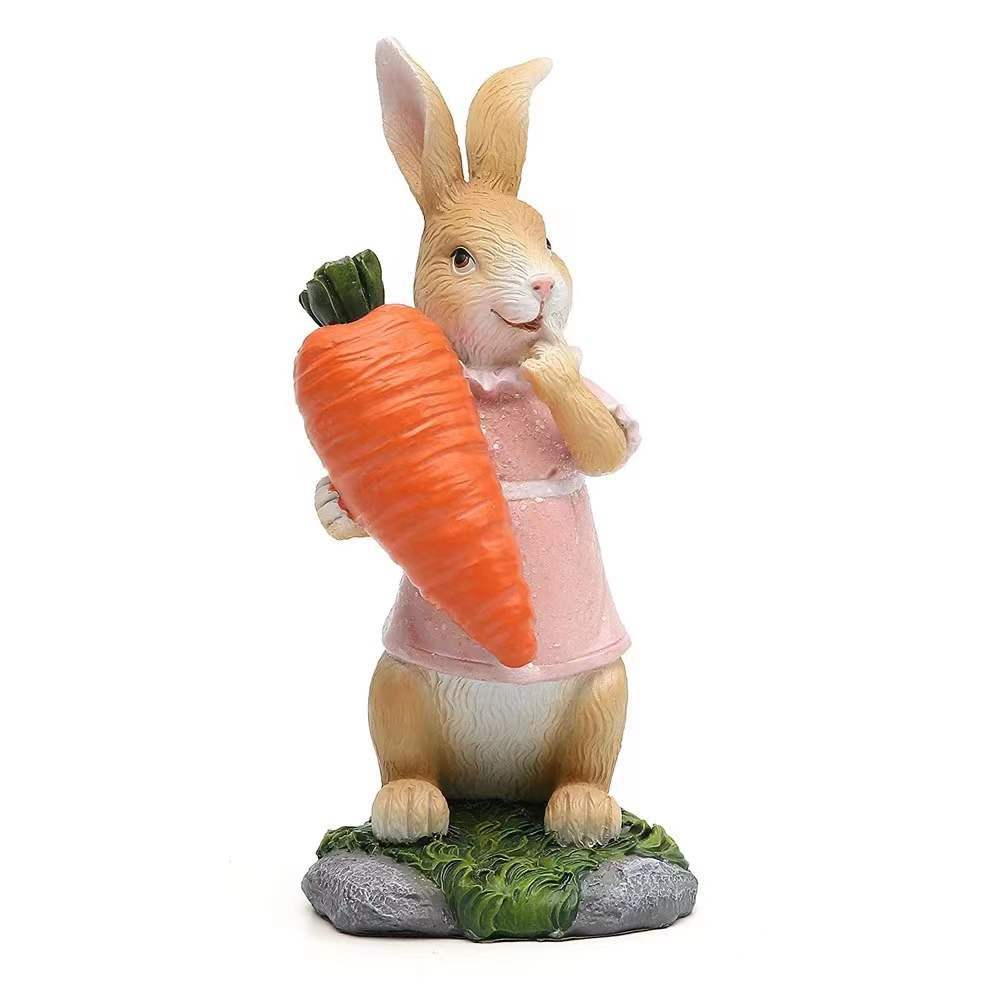 YS-001 1 Pcs Polyresin Bunny with Carrot Decorations Easter Bunnies Resin Ornaments with Egg Rabbit Couple Figurines Decoration for Home Table Easter