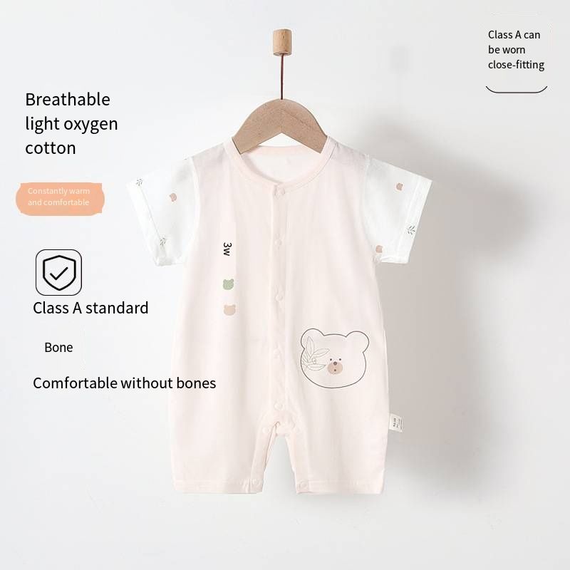 Baby Summer Ice Ceramic Cotton Romper, Short Sleeve No Bone Stitching Onesie, Breathable Cotton Infant Jumpsuit with Snap Closure, 66-80cmCute Bear Pink