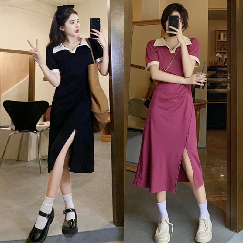 182#CL Women's Summer Niche Lapel Dress Slit Short Sleeved Long Skirt