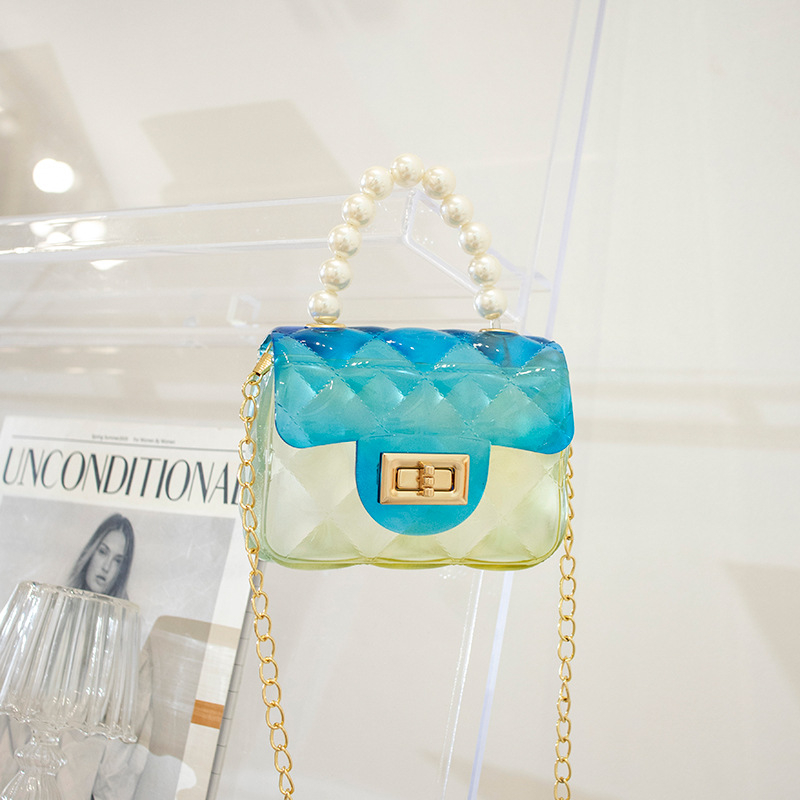 HS-957 mini PVC transparent tote bag lady's messenger bag gradient candy pearl handle chain with girls' cross-body bag
