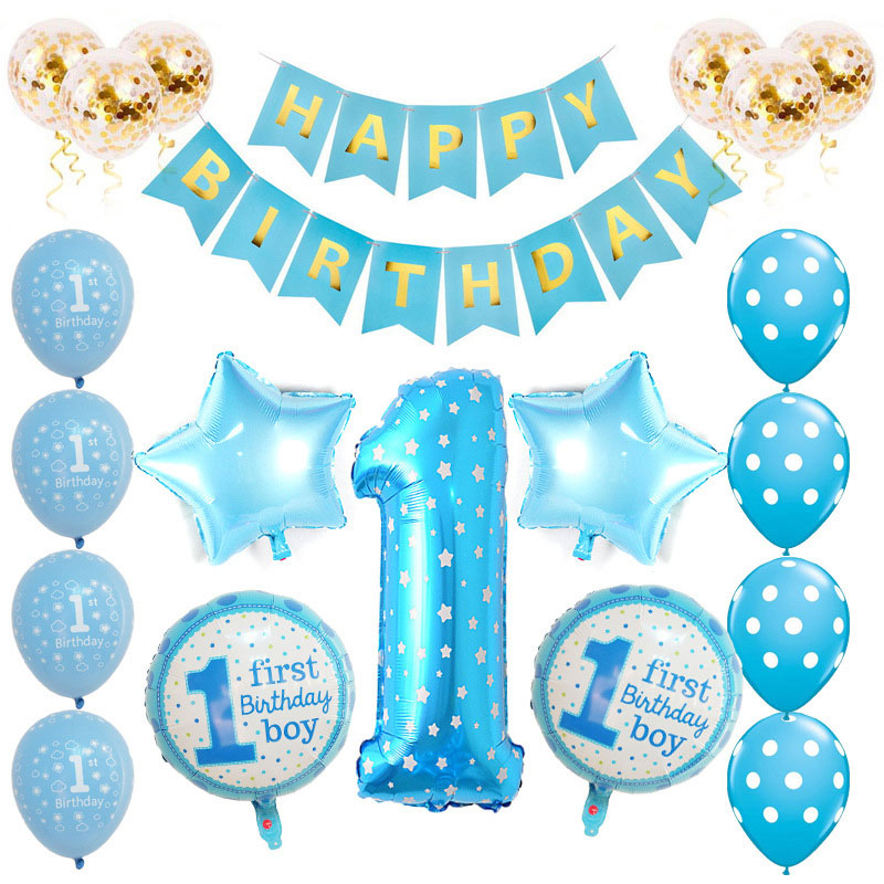 21 PCS Baby First Birthday Decorations - 1st Birthday Girl Decorations Party Supplies - Happy First Birthday Banner, Number 1, Latex Balloons, Confetti Balloons