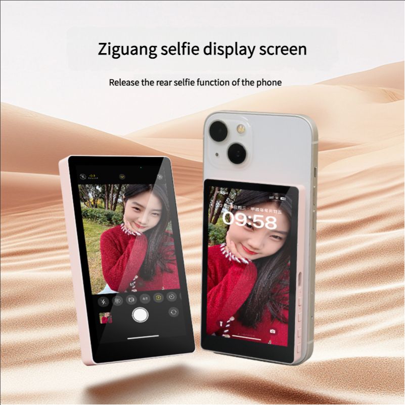 Mobile selfie wireless screen sharing device, live streaming, rear camera, magnetic display screen