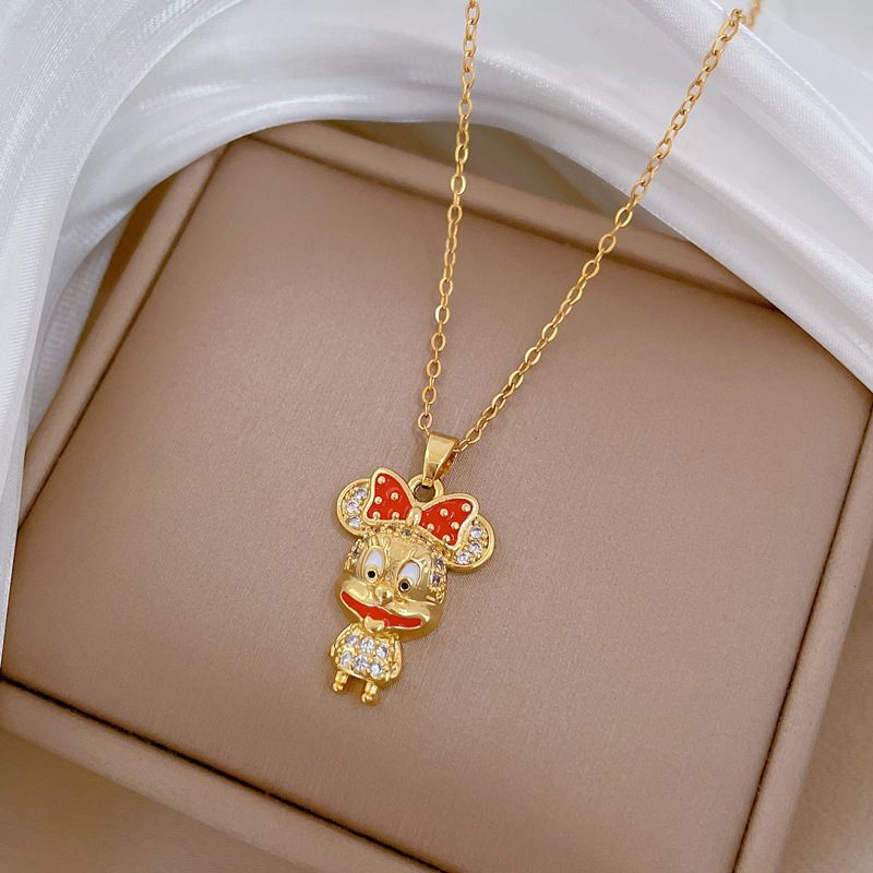 Women Cute Cartoon Character Pendant Necklace, Titanium Steel Chain, Cubic Zirconia Inlaid Bow‑Knot Clavicle Necklace, Elegant Lovely Versatile Neck Jewelry, Adjustable 40+5cm Chain, Fashion Daily Casual Party Statement Necklace Gift for Ladies Girls