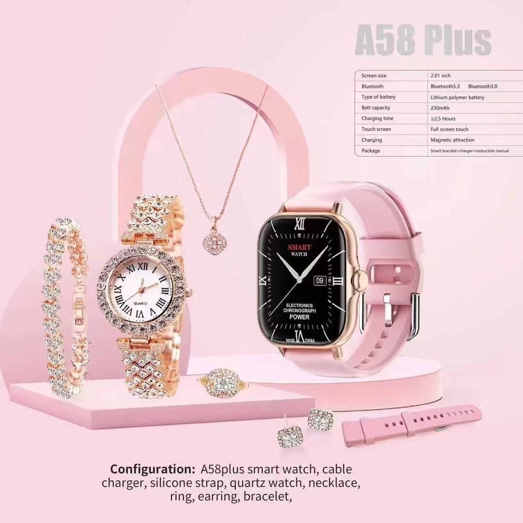 New A58 Plus Women Smart Watch Inlaid Rhinestone 8 In 1 Multifunctional Wristwatch Bluetooth Hands-Free Call Pedometer Heart Rate Sleep Monitor Waterproof Ladies Smart Watch Compatible Android iOS