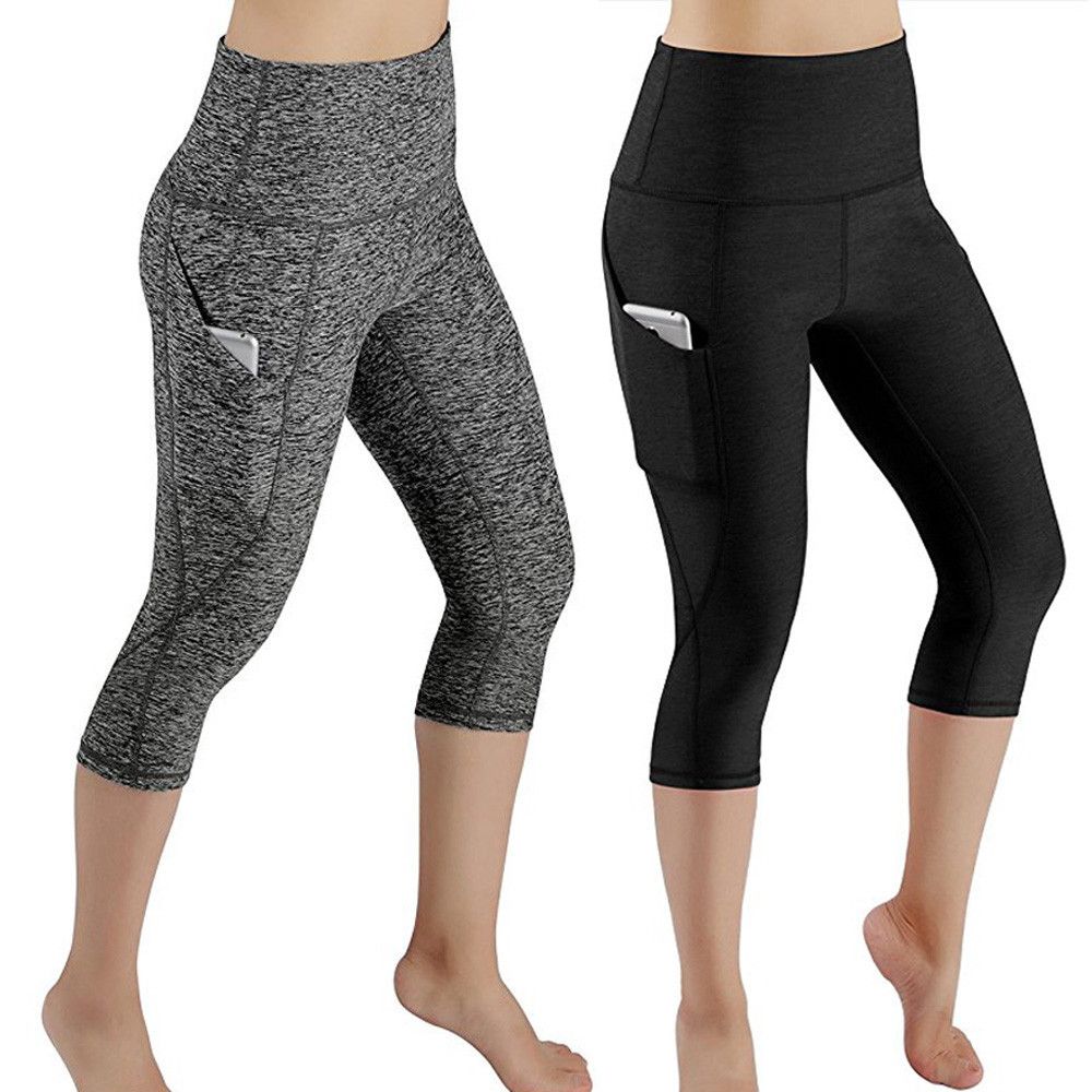 High Waist Capri Leggings with Side Pocket, Tummy Control 3/4 Length Sports Tights, Breathable High Elastic Cropped Pants for Yoga, Running, Gym & Fitness Activities
