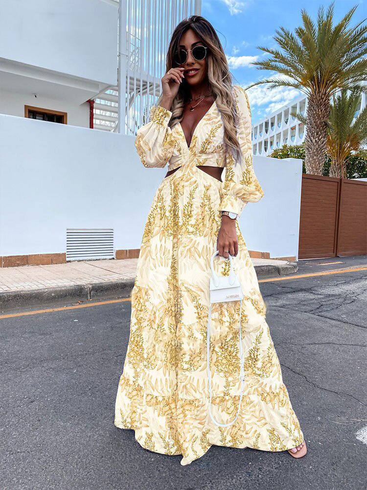 2024 Amazon Europe and the United States fashion women's spring new long printed V-neck long-sleeved temperament dress
