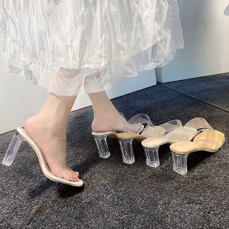 600 Women Summer 2021 Girl Sexy Clear  Round Heel Open Toe High Heel Slippers Shoes
