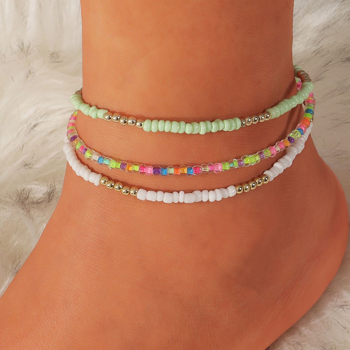 DF000 Women Boho Beads Anklets Colorful Stretch Rainbow Ankle Bracelets Beaded Bracelet Elastic Foot and Hand Chain Jewelry