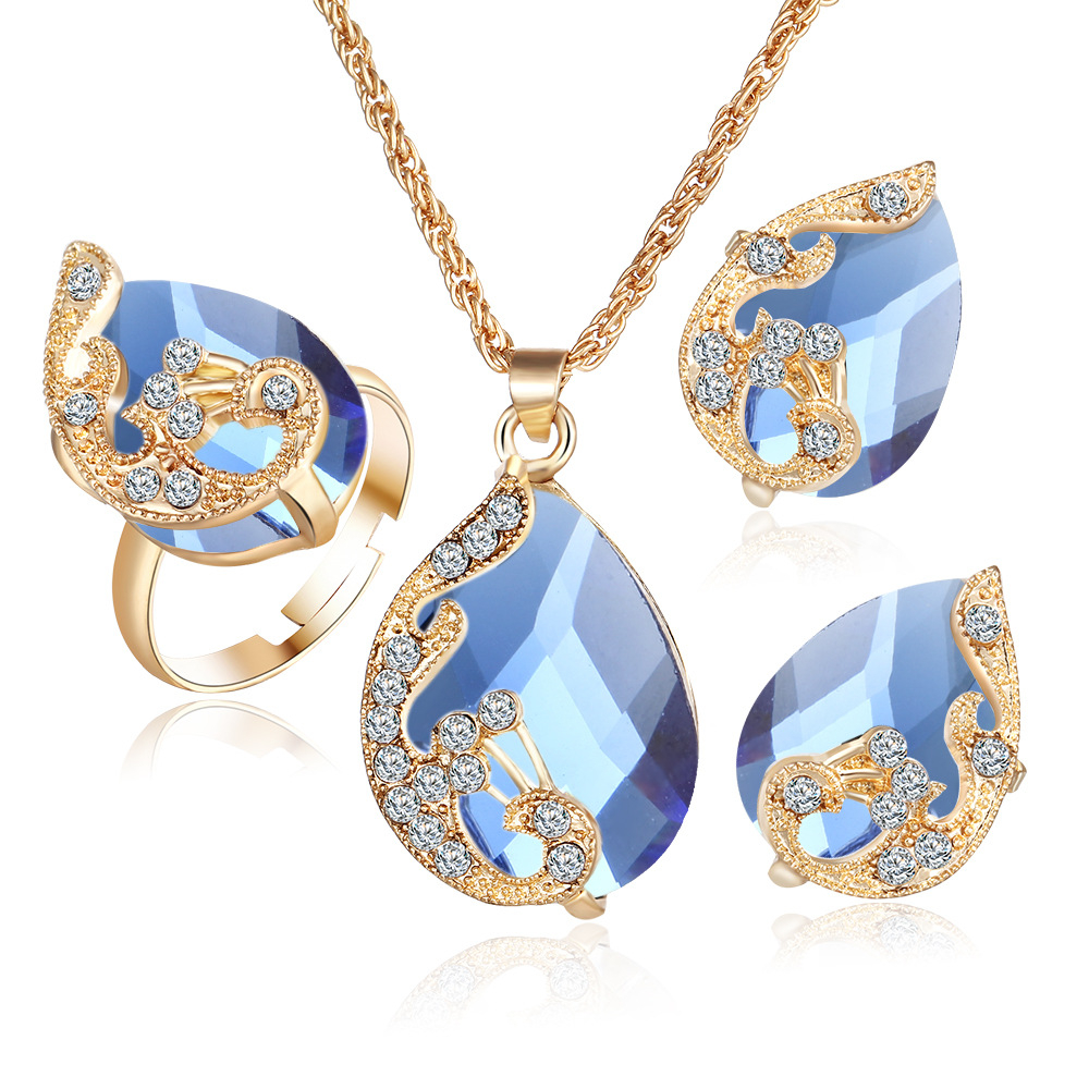 NJ28920 3PCS Fashion Women Necklace Earrings Jewelry Sets Crystal Gold Color Big Austrian Water Drop Peacock Rhinestone Wedding Party Jewelry Sets For Women