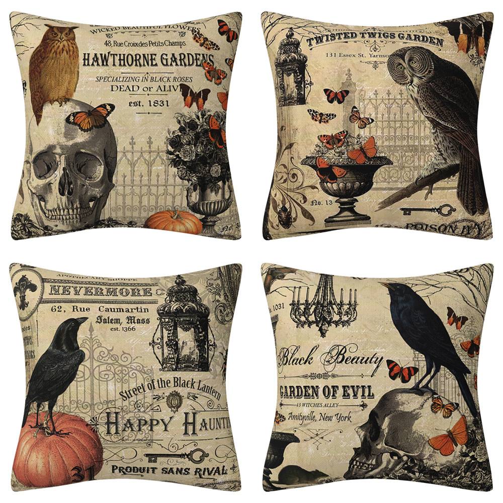 NLT-01 Square Throw Pillow Covers,45x45cm Modern Postcard Collage Halloween Pumpkin and Crow Decorative Cushion Covers Case for Bed Sofa Couch Home Decor