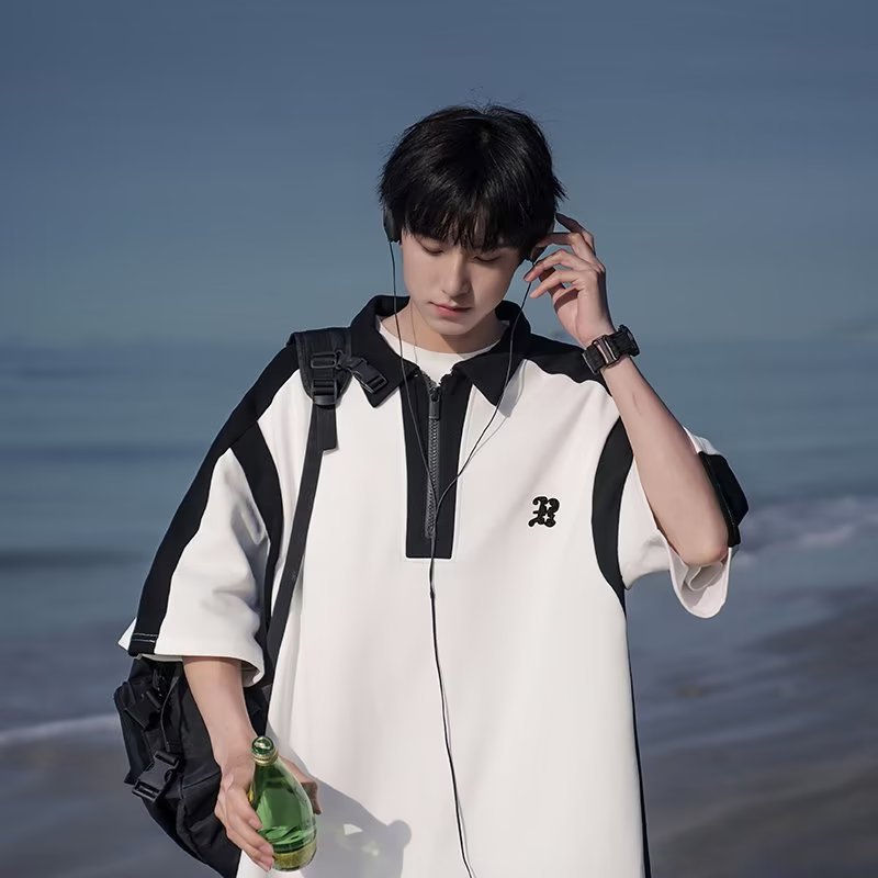 1038 Summer Polo Shirt Short Sleeve Men's T-shirt Ins Panel Contrast Loose Personality Student Lapel Five-sleeve