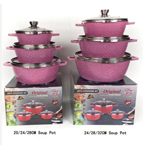 Factory high-quality wave kitchenware 6-piece 3SET aluminum stockpot set Double bottom non-stick soup cookware set