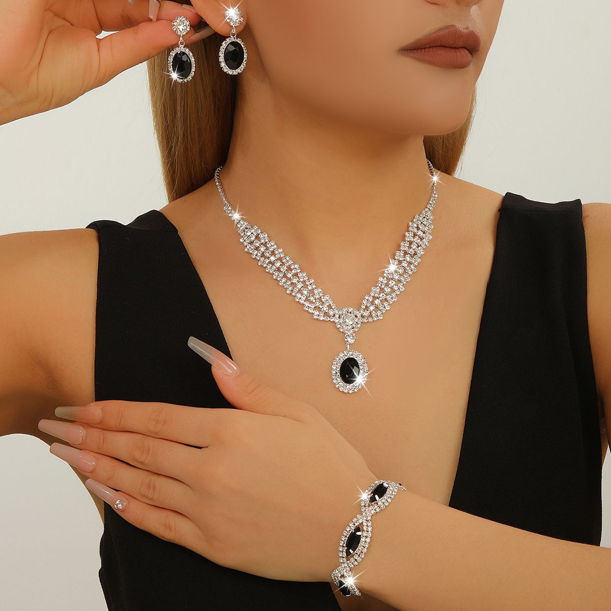 Luxury Oval Multi Color Gemstone 3Pcs Jewelry Set For Women, Full Rhinestone Encrusted Necklace Earrings Bracelet Matching Kit, Adjustable Chain Emerald Sapphire Ruby Black Crystal Formal Ornaments, Elegant Bridal Wedding Evening Prom Gown Sparkling Statement Accessories Gift For Ladies
