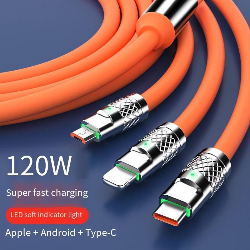 New Geek Luminous Charging Cable, 120W 6A High Current Super Fast Charging Wire, LED Breathing Light Universal 3-in-1 Braided Data Cable, Portable Anti-Break Charger Cord for Home Car Travel Use