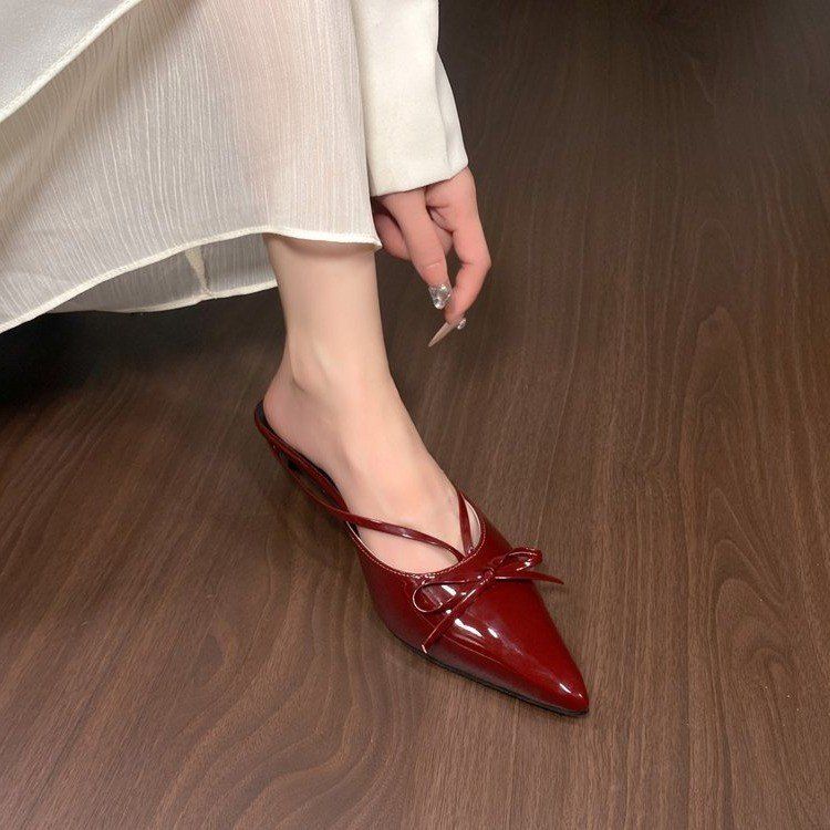 Ladies pointed toe small leather shoes half drag 2025 summer temperament Baithead bow fairy wind thin with large size