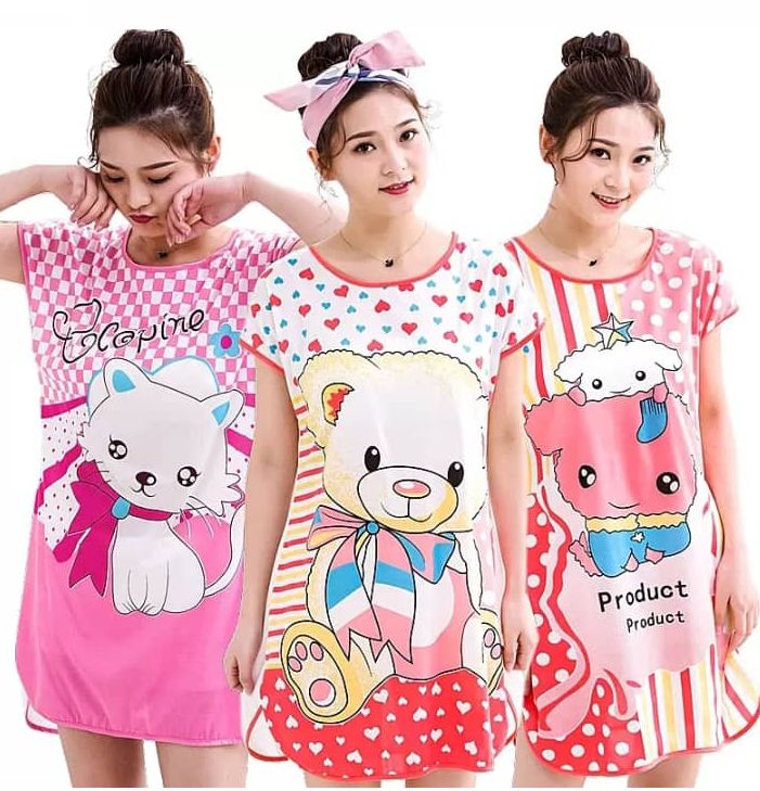 Summer Cool Fashion Milk Silk Pajamas Skirts For Women Short Sleeve O-neck Cartoon Printing Oversize Loose Night Dress