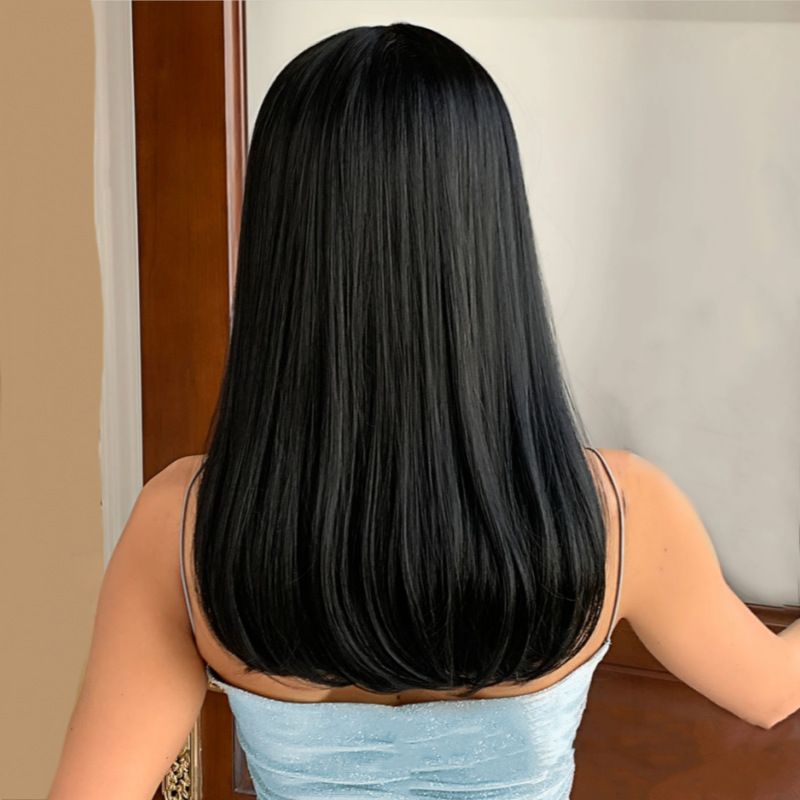 17 inches Wigs Air bangs inner buckle medium long hair synthetic fiber full head cover CRRSHOP beauty care hair dressing women black Straight hair wigs Mid length hair with inner buckle