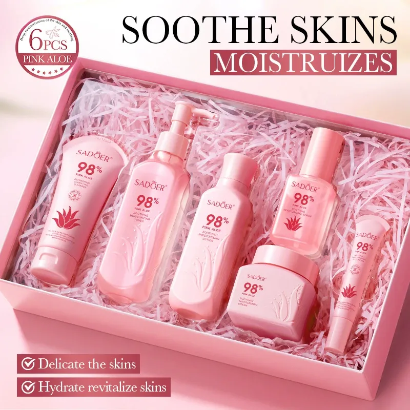 Pink Aloe Vera 6-Piece Soothing & Moisturizing Skincare Set, Gentle Repair & Calming Facial Care Kit for Sensitive Skin, Hydrating Daily Cleanser, Toner, Serum, Lotion, Cream & Eye Cream Gift Set