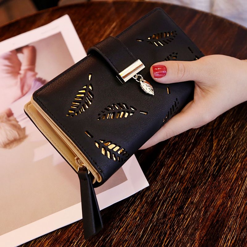 New Korean Style Women Long Wallet Fashion Clutch Bag Hollow Leaf Zipper Snap Button Purse
