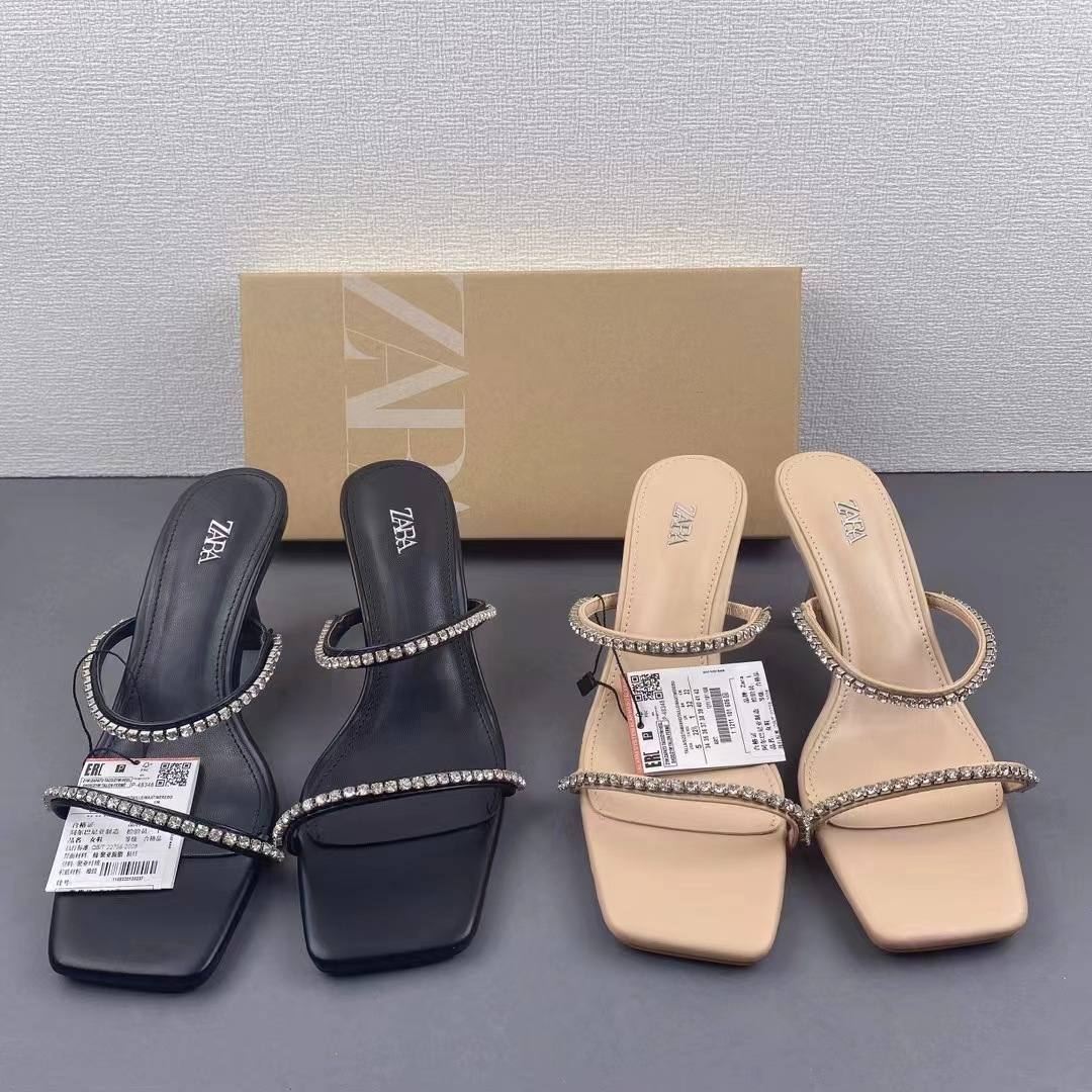 ZA2024 summer new women's shoes slim heel all match sexy nude square head temperament rhindiamonds pull high heel sandals