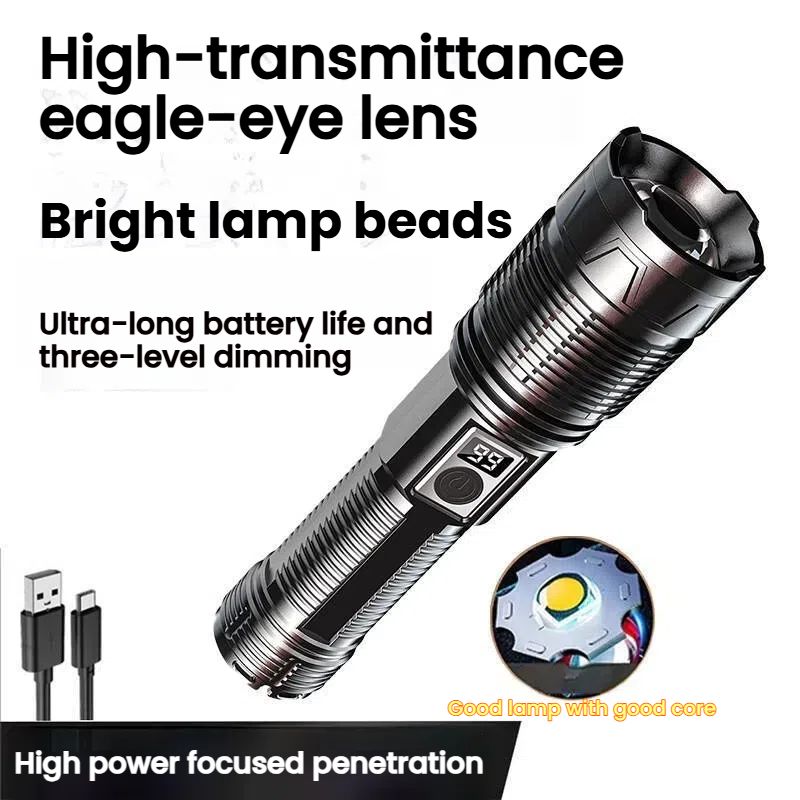Rechargeable Tactical Flashlight - 2000 Lumens LED Long-Range Beam with Laser, Super Bright Outdoor Emergency Light & 50H Runtime