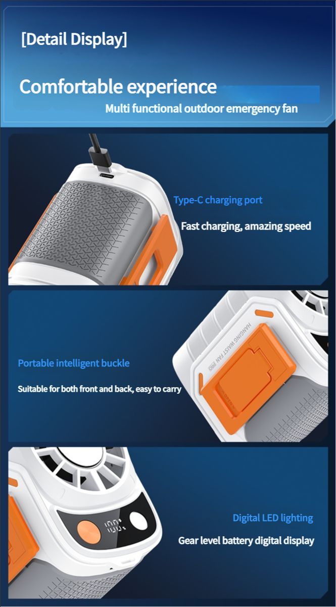 Portable belt air conditioning fan, rechargeable 3-in-1 semiconductor cooling hanging belt fan, equipped with 6000mAh battery and flashlight, three wind speeds, digital display, suitable for construction sites, outdoor, farms, fishing, camping
