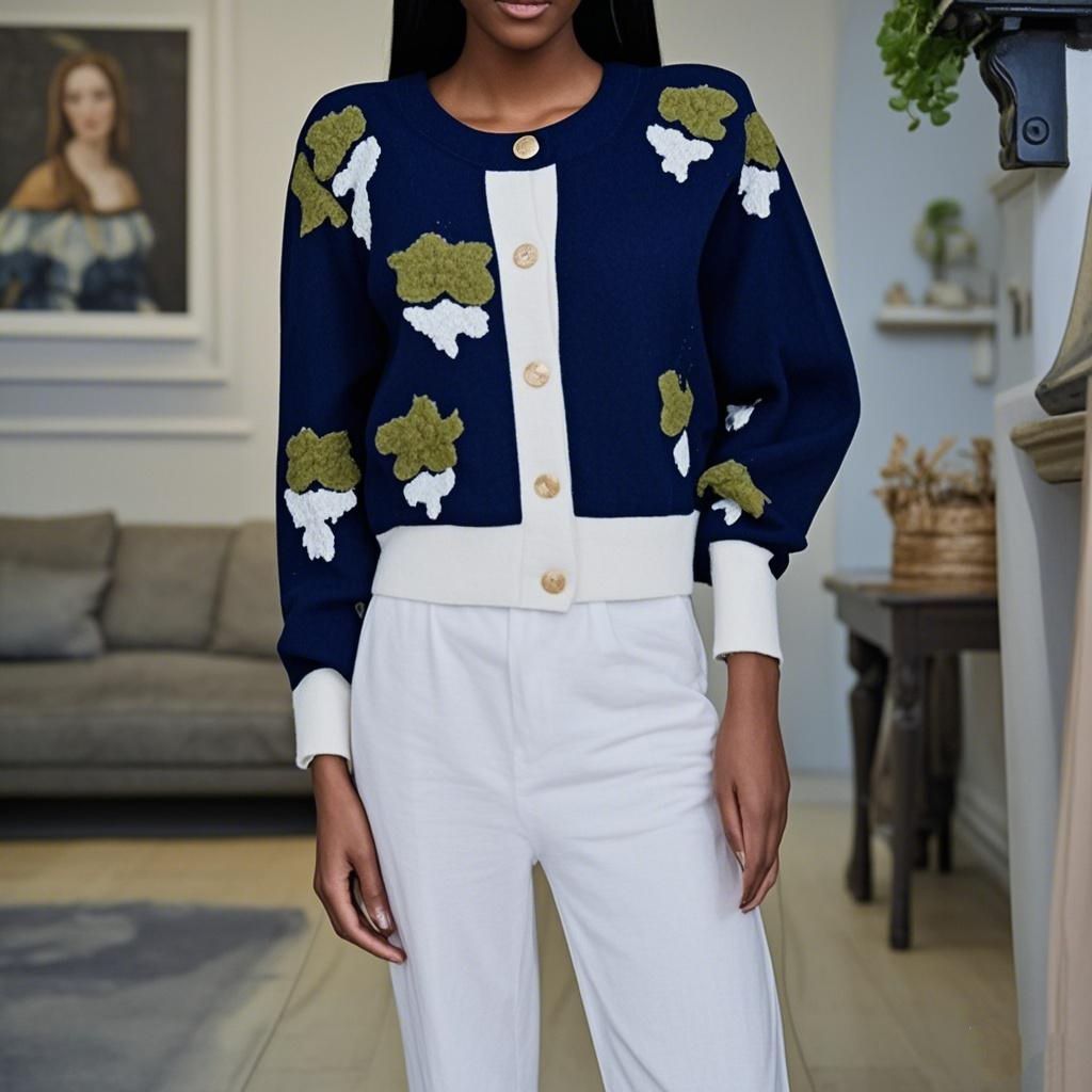 Wool Knit Round Neck Embroidered Single-Breasted Women's Sweater