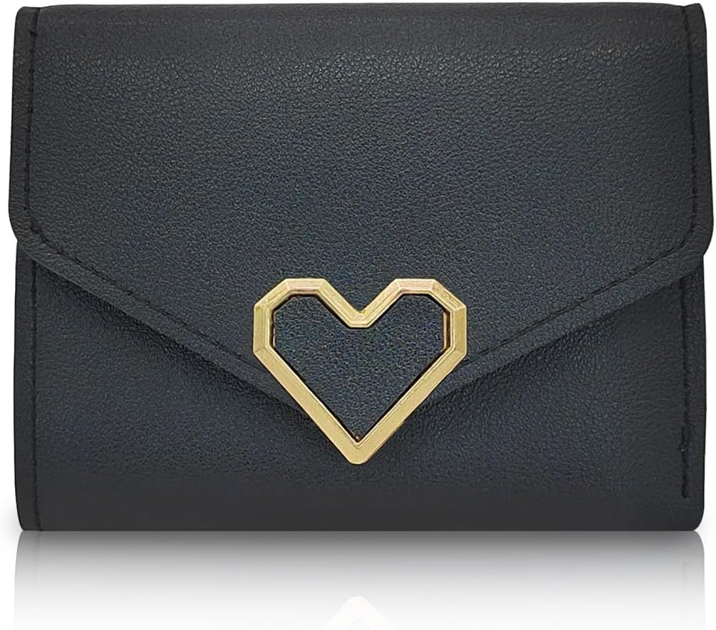 Sleek Women's PU Leather Wallet with Heart Hardware Compact Card Holder & ID Window Purse (Multi-Colour Choices) Essential Mini Purse