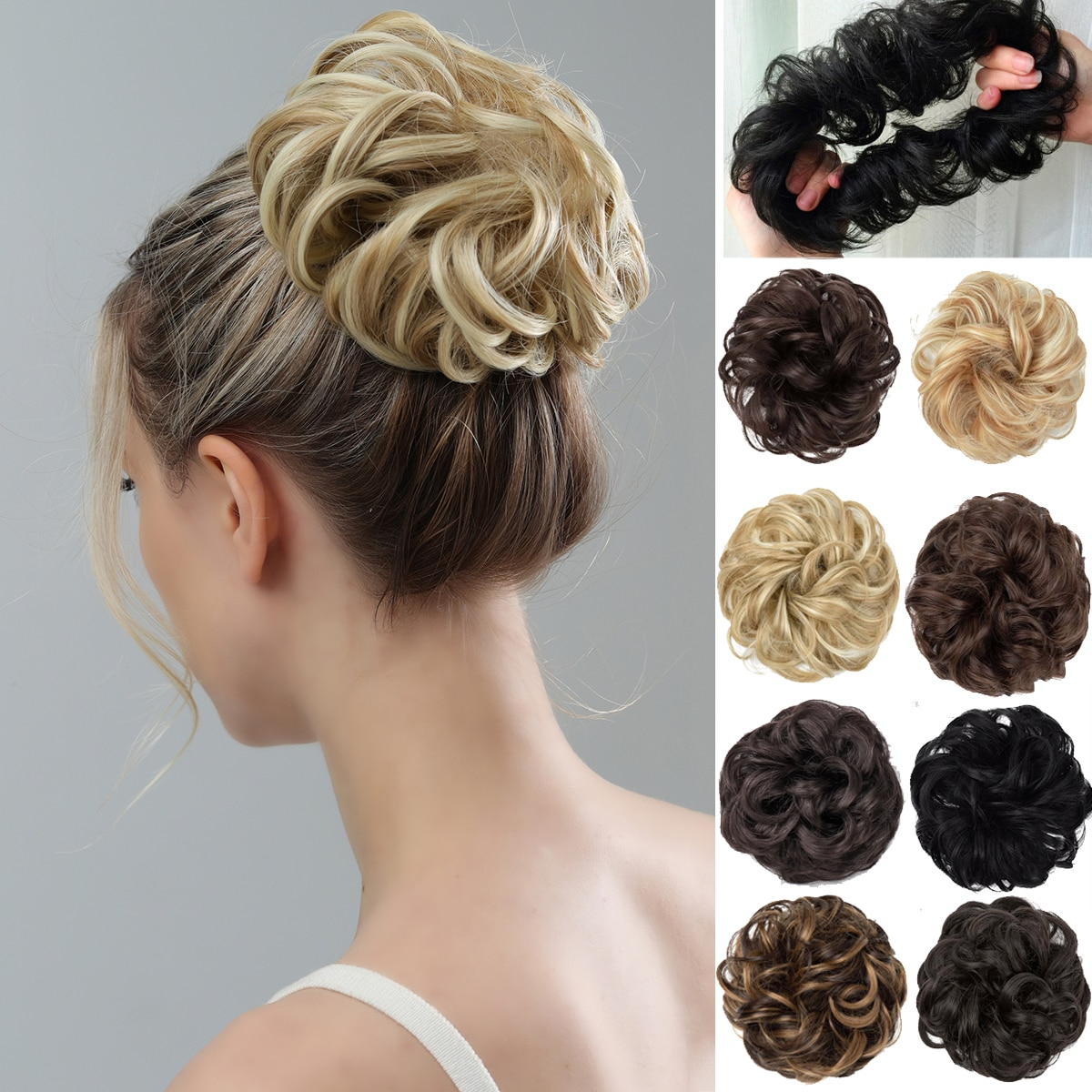 001# 6 Inch Synthetic Hair Bun Extensions Messy Curly Elastic Hair Scrunchies Hairpieces Chignon Donut Updo Hair Pieces for Women