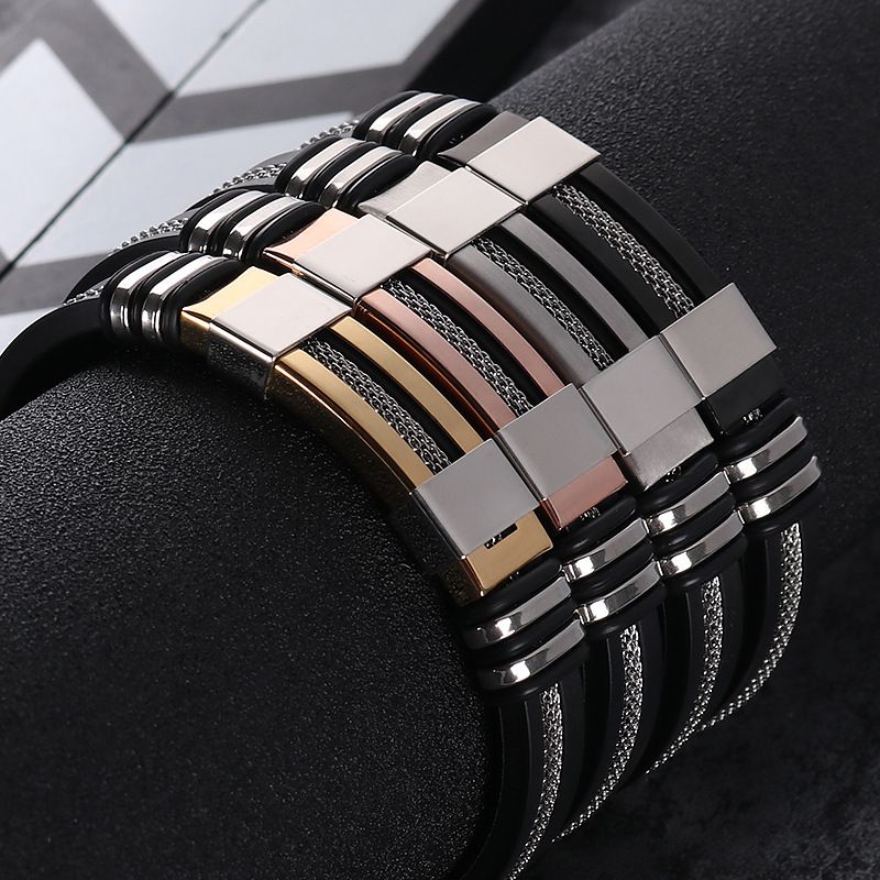 Silicone titanium steel hip-hop bracelet for men, four pieces of punk style stainless steel exaggerated bracelets