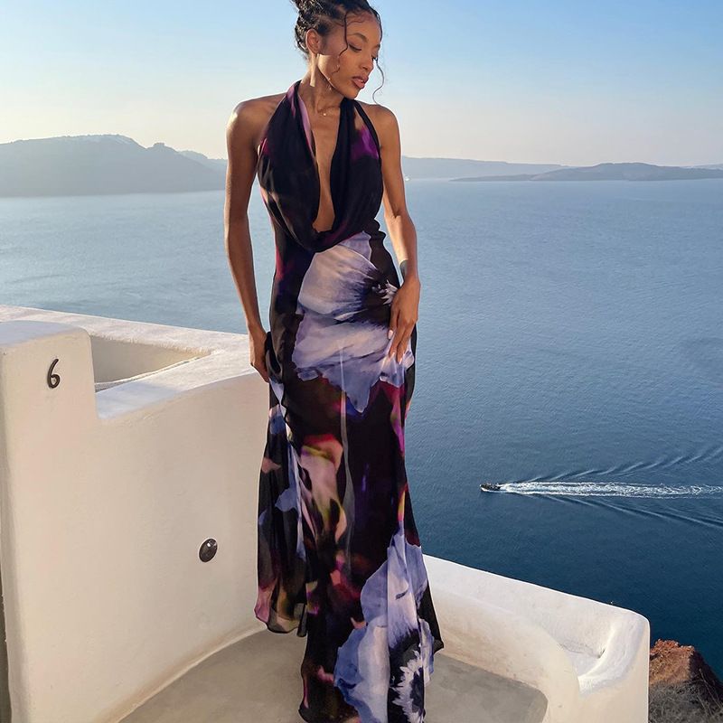 Women's 2025 new digital print sexy neckline long mid-length dress