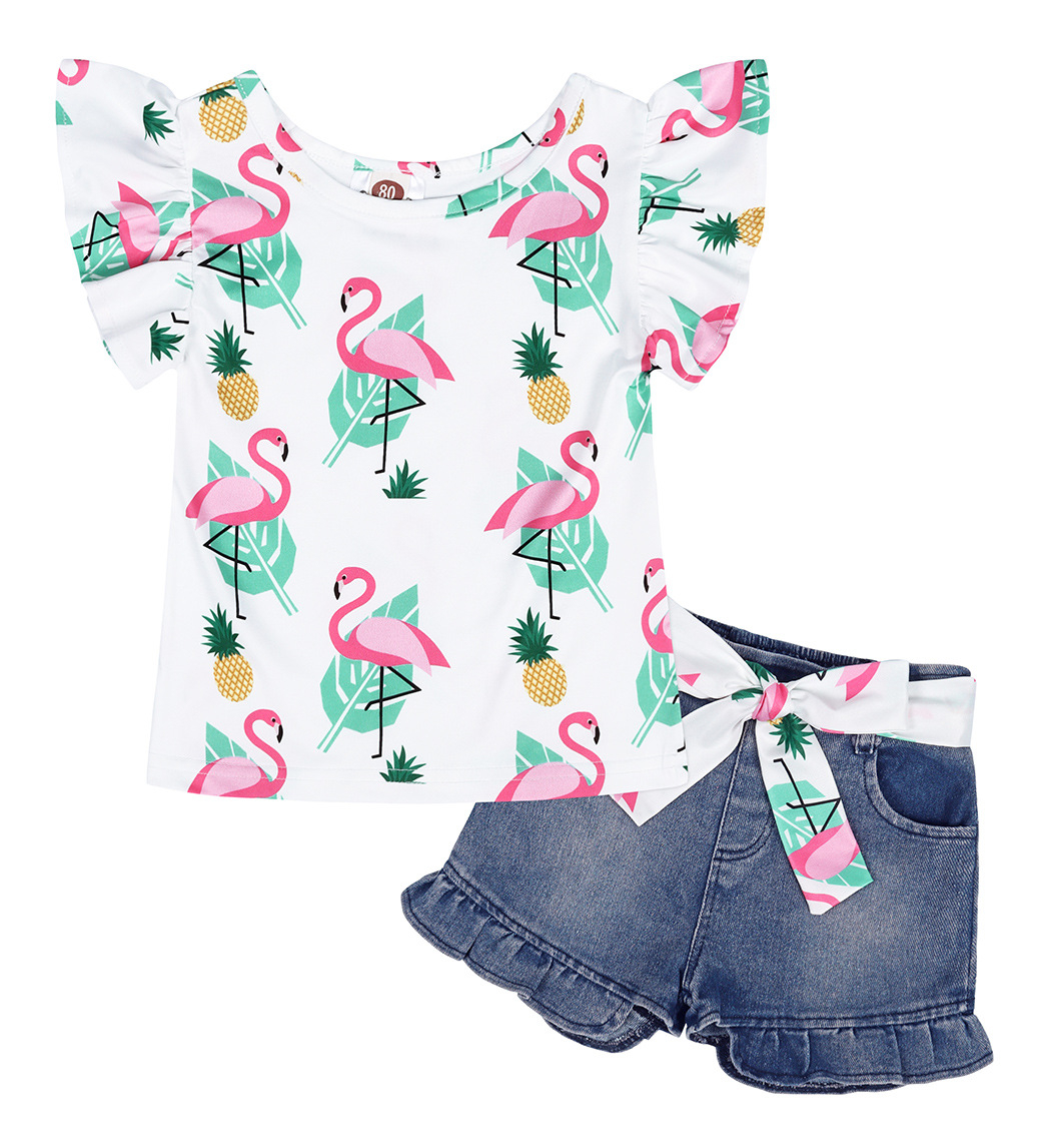 A636 red-crowned crane print girls costume sleeveless T-shirt + floral shorts clothes set