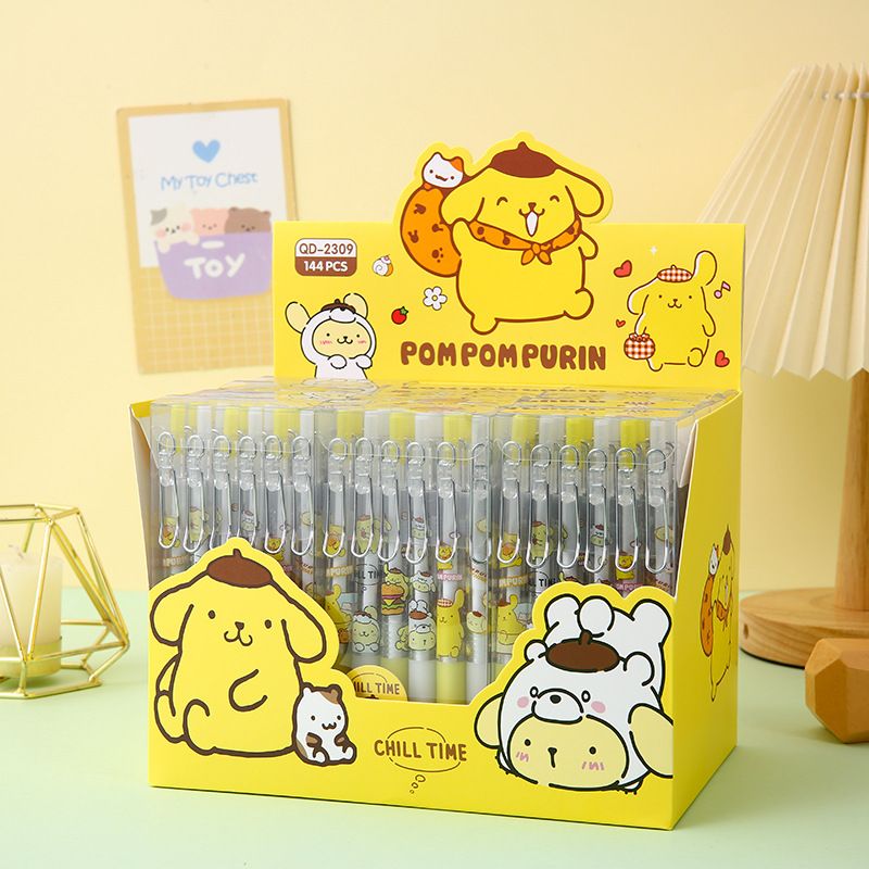 Sanrio 12pcs Cartoon Gel Pen Pom Pom Purin Stationery 0.5 Black With Metal Hook Office Write Cute Pen