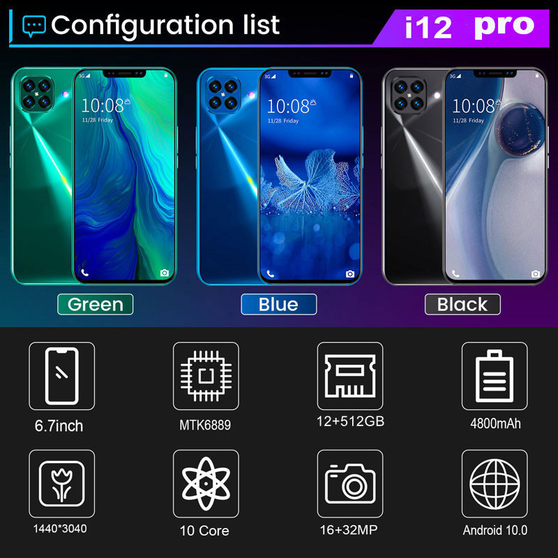 I12pro Smartphone 6.7Inch Full screen 12GB RAM+512GB ROM Dual Sim Dual Standby Face Recognition Mobile Phone