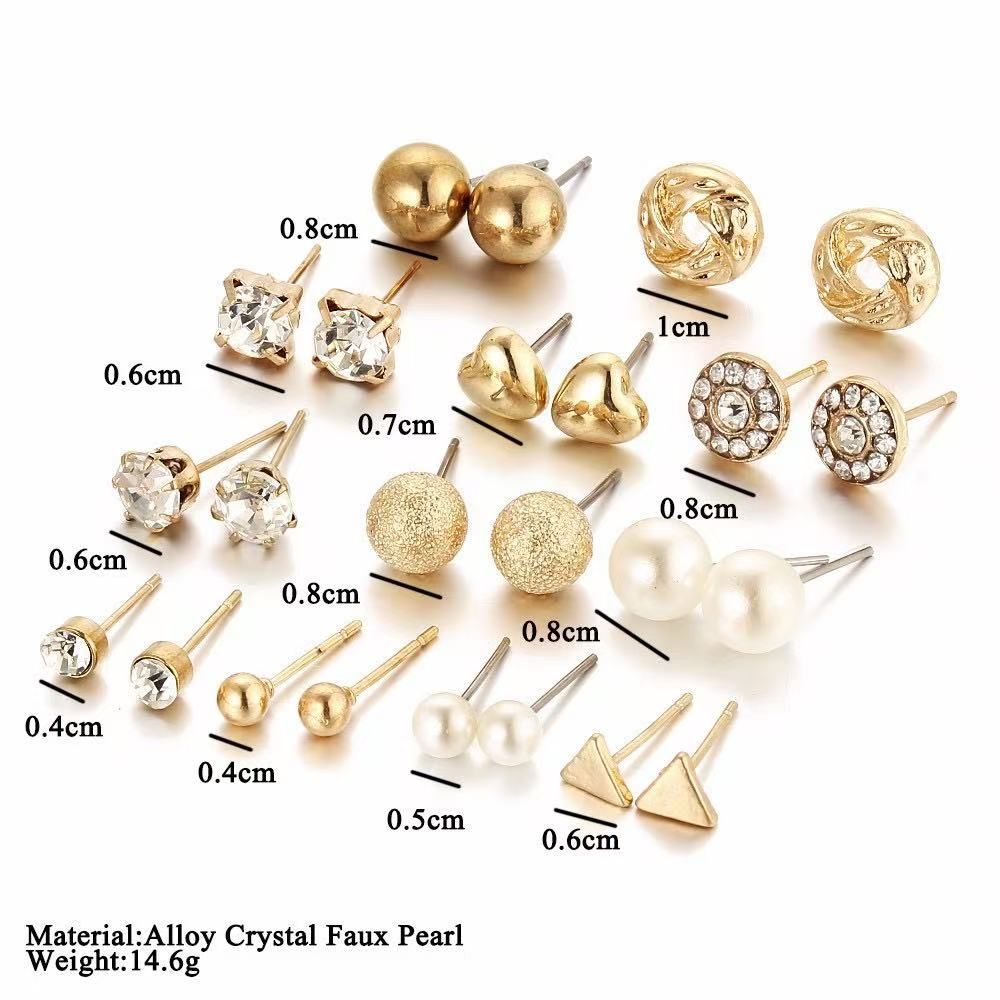 Fashion Earrings Set 12 Pairs Zircon Crystal Heart Triangle Earrings Jewelry Gold Silver