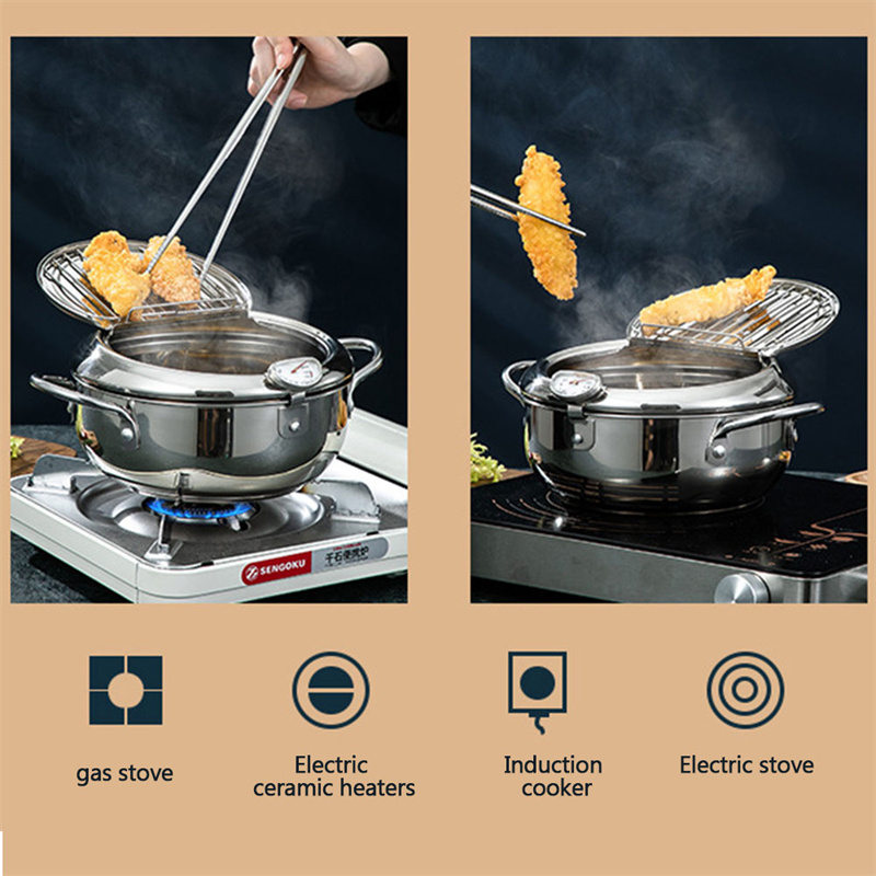 Ultron Japanese Deep Fryer With Thermometer and Lid 304 Stainless Steel Kitchen Tempura Fryer Pan Fryer Without Oil Frying Pan Fryer