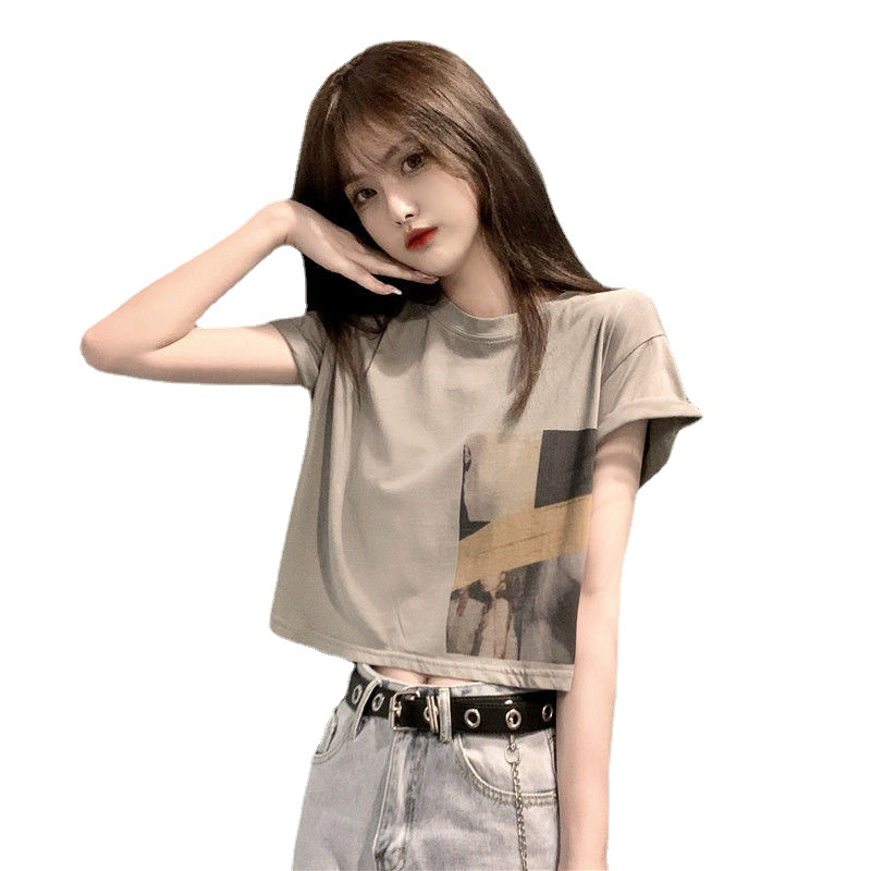 986 Women's Fashion Loose Casual Print Crop Top Short Sleeve T-shirt