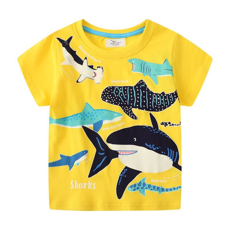 Children glow-in-the-dark shark pattern 2024 summer new short-sleeved top children's T-shirt 67192