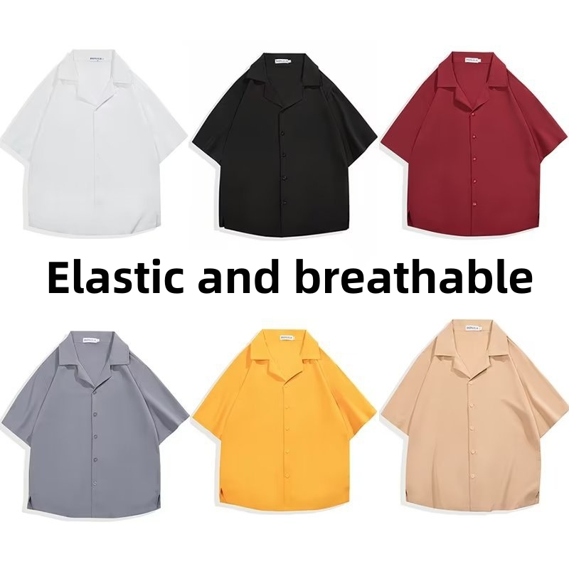 Men's short sleeved square collar lapel shirt CRRshop free shipping hot sell Red yellow gray black khaki white shirt men's short sleeve breathable loose casual, Cuban collar, ice silk, elastic, five sleeve shirt Suitable for people weighing 45 - 90 kg 