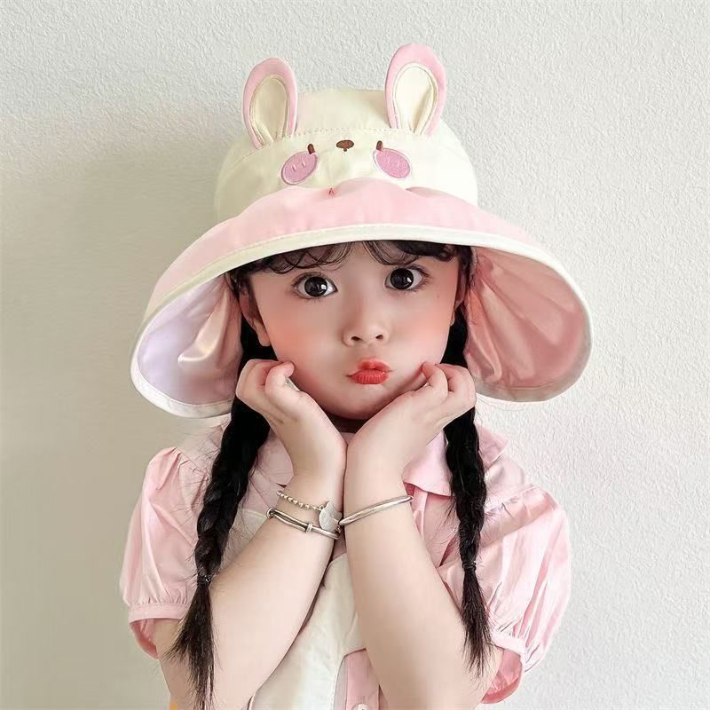 Kids Cute Bunny Sun Hat, Wide Brim UV Protection Bucket Hat, Breathable Quick-Dry Beach Hat with Ear Decor, Toddler Summer Outdoor Sun Cap for Girls, Multiple Colors Available