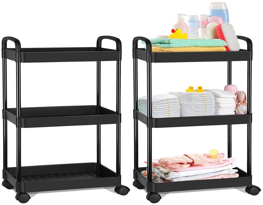 3-Tier Rolling Utility Cart with Drawer,Multifunctional Storage Organizer with Plastic Shelf & Metal Wheels,Storage Cart for Kitchen,Bathroom,Living Room,Office