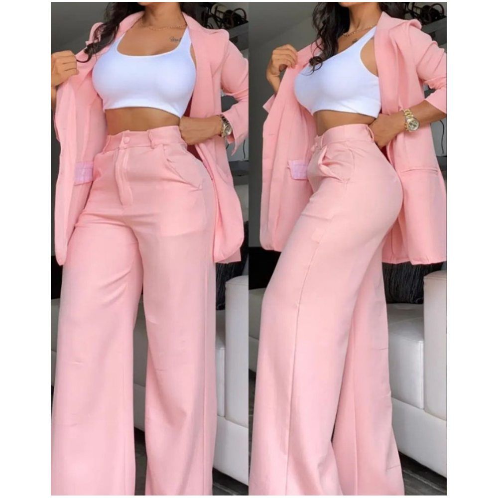Women's elegance solid color open sleeve lapel suit pocket straight pant suit K-1381
