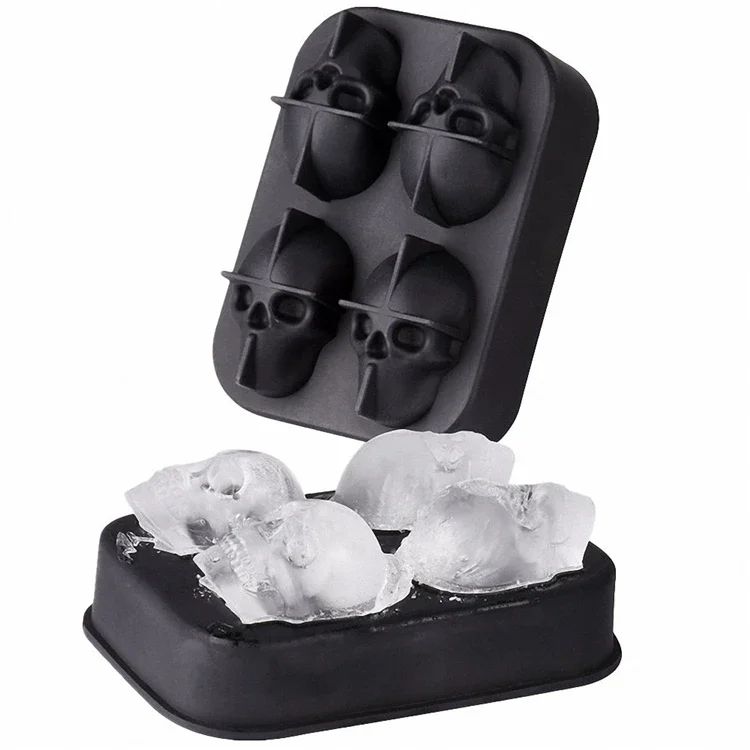 3D Skull Ice Cube Tray, Silicone Ice Maker Molds with Funnel, 4 Cavity Ice Cube Tray for Ice Cream & Party