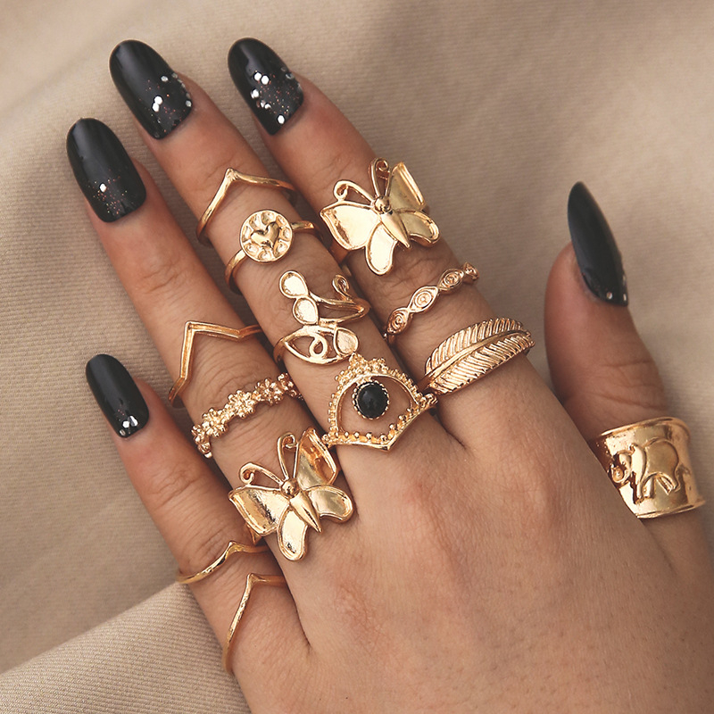sku6116 golden Ring Set Girls Butterfly Elephant Punk Black Jewel Eyes Lady's Ring Set