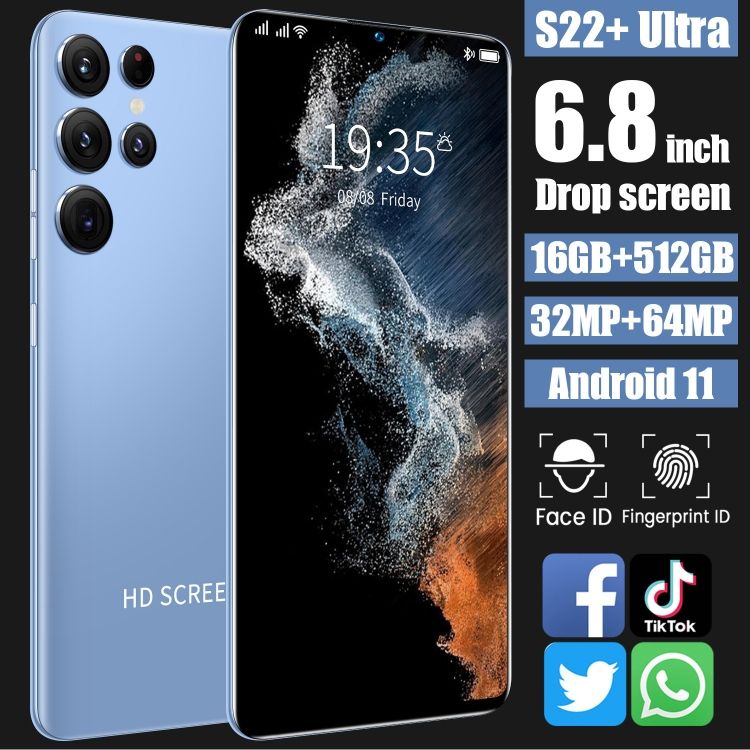 S22+Ultra 6.8inch drop screen high-definition water drop screen (1+8) Android smartphone 16GB + 512GB front 32MP back 64MP android 11 face ID fingerprint ID CRRSHOP smart phone 5200mAh 10 core resolution 3200*1400 mobile phone